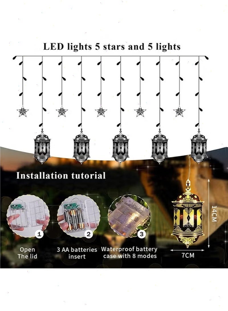Yoawllty Ramadan Lights LED Curtain Lights with 5 Star & 5 Lantern Lights, 8 Lighting Modes for Ramadan Decorations Indoor Outdoor Use - Image 3
